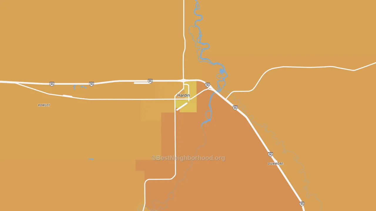 Map of the best neighborhoods in the Hardin area, with better matches in green and worse matches in red