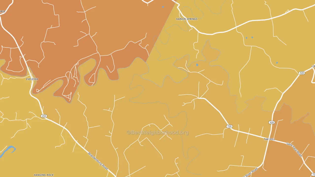 Map of the best neighborhoods in the Hardin Springs area, with better matches in green and worse matches in red