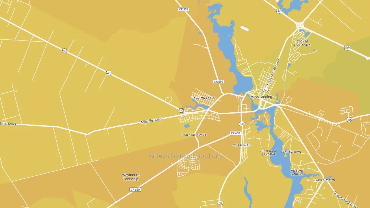 Map of the best neighborhoods in the Harding Lakes area, with better matches in green and worse matches in red