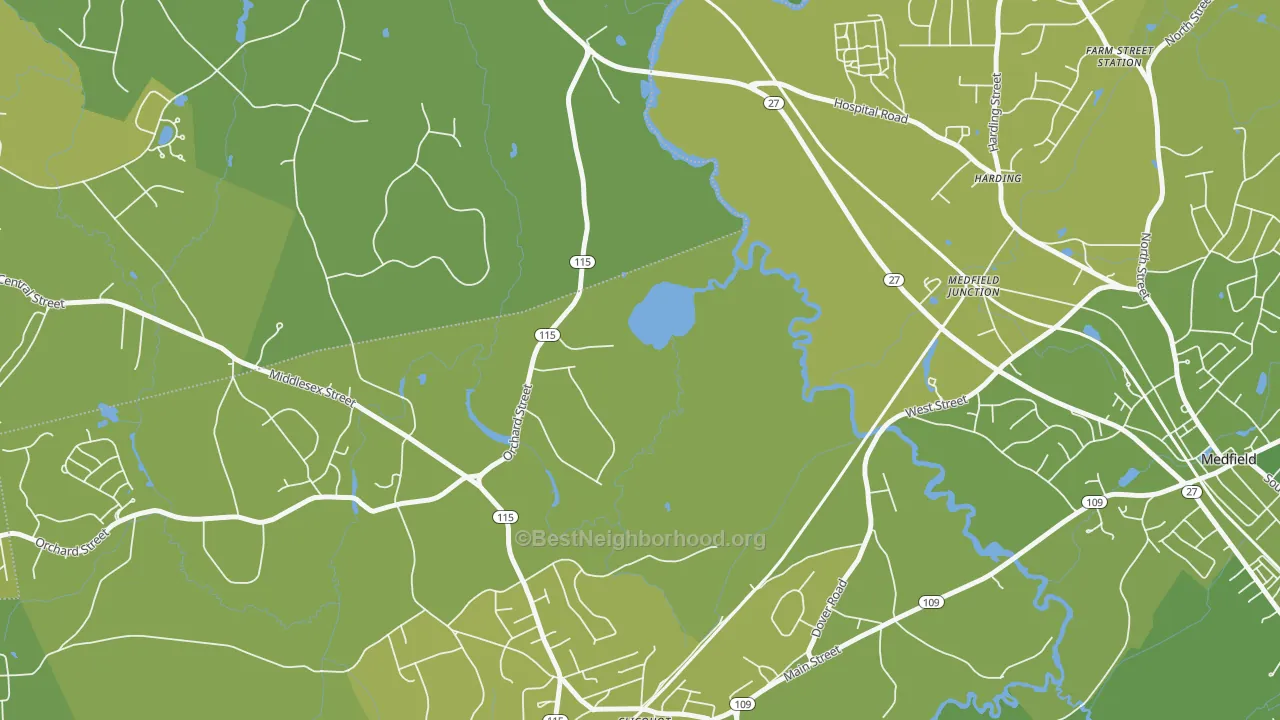 Map of the best neighborhoods in the Harding area, with better matches in green and worse matches in red