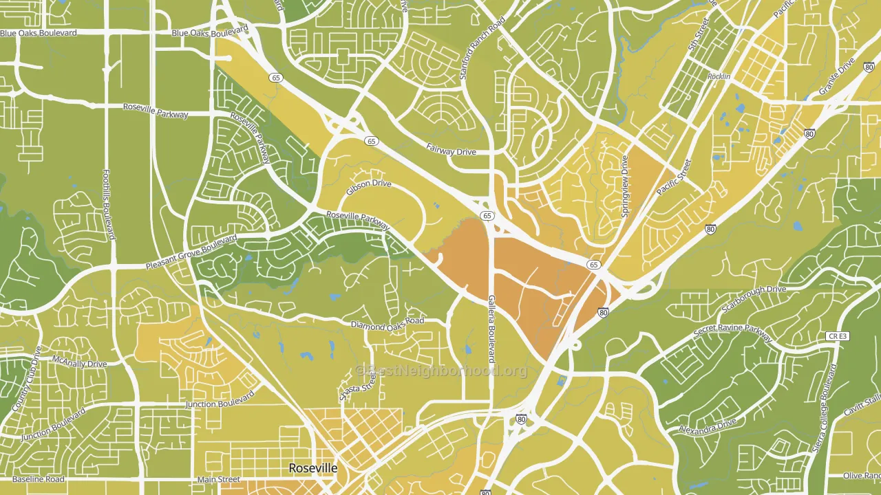 Map of the best neighborhoods in the Harding, Roseville area, with better matches in green and worse matches in red