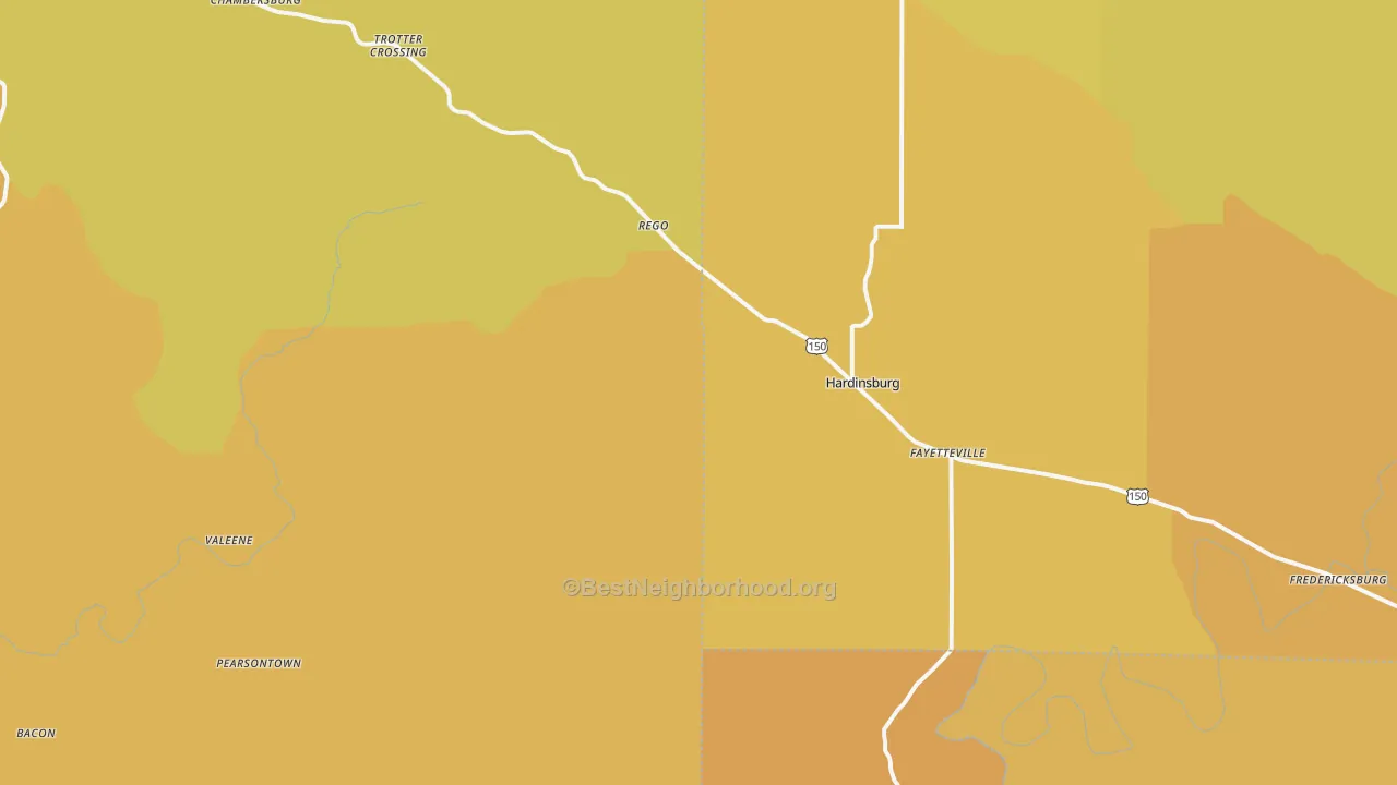 Map of the best neighborhoods in the Hardinsburg area, with better matches in green and worse matches in red