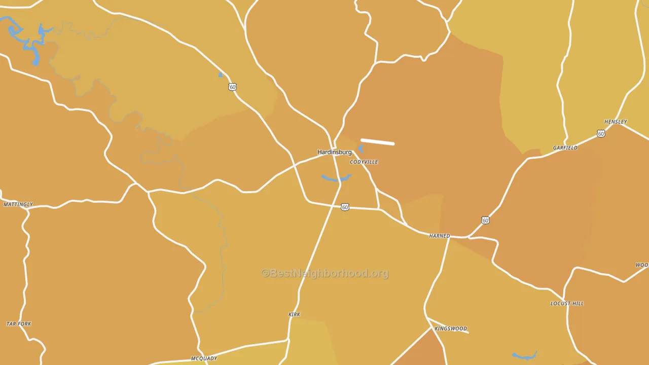 Map of the best neighborhoods in the Hardinsburg area, with better matches in green and worse matches in red
