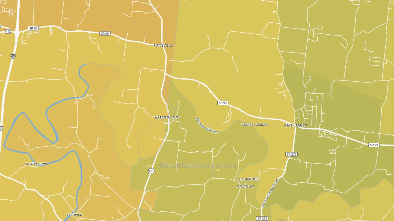 Map of the best neighborhoods in the Hardison Mill area, with better matches in green and worse matches in red