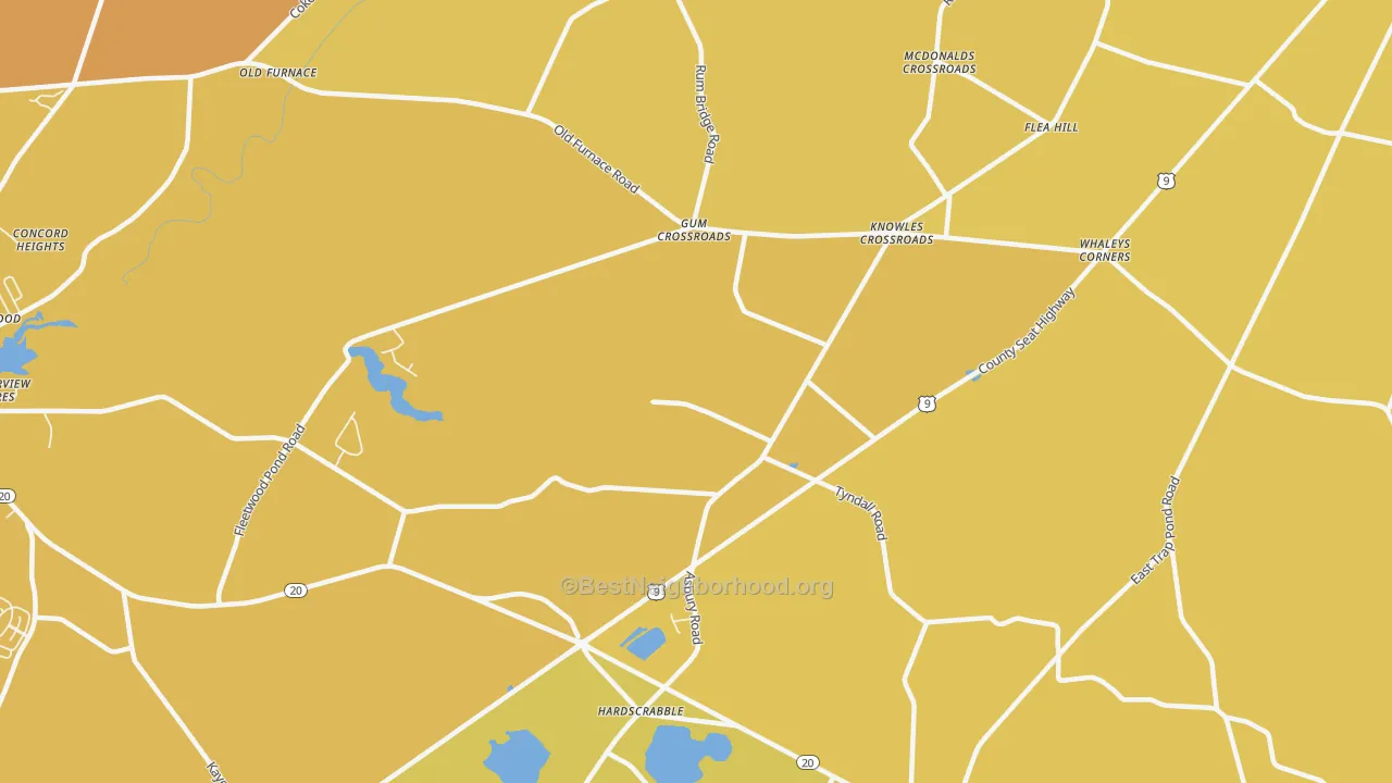 Map of the best neighborhoods in the Hardscrabble area, with better matches in green and worse matches in red