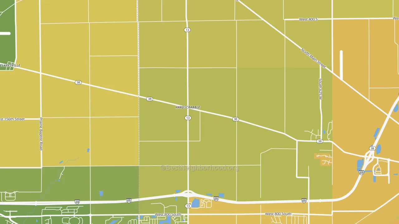 Map of the best neighborhoods in the Hardscrabble area, with better matches in green and worse matches in red