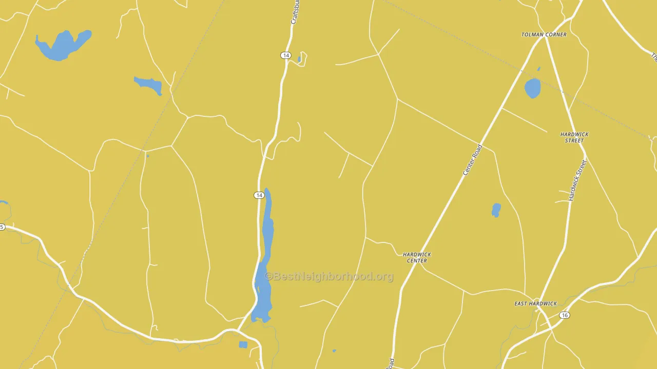 Map of the best neighborhoods in the Hardwick Center area, with better matches in green and worse matches in red