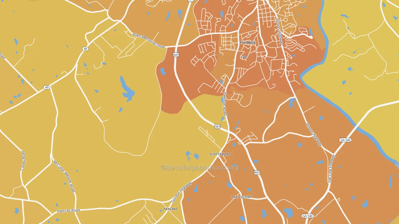 Map of the best neighborhoods in the Hardwick area, with better matches in green and worse matches in red