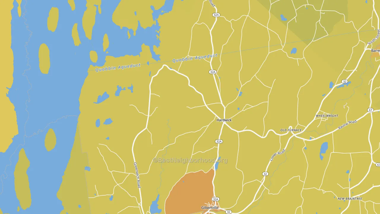 Map of the best neighborhoods in the Hardwick area, with better matches in green and worse matches in red