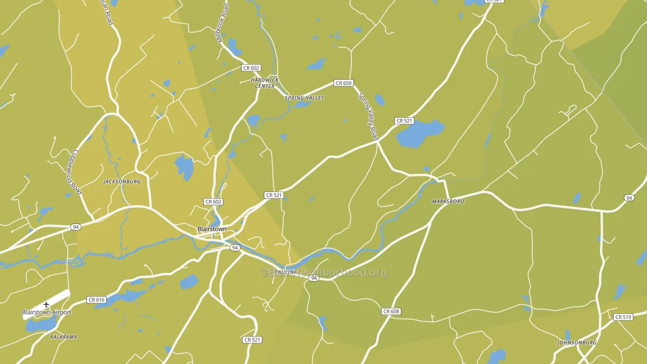 Map of the best neighborhoods in the Hardwick area, with better matches in green and worse matches in red