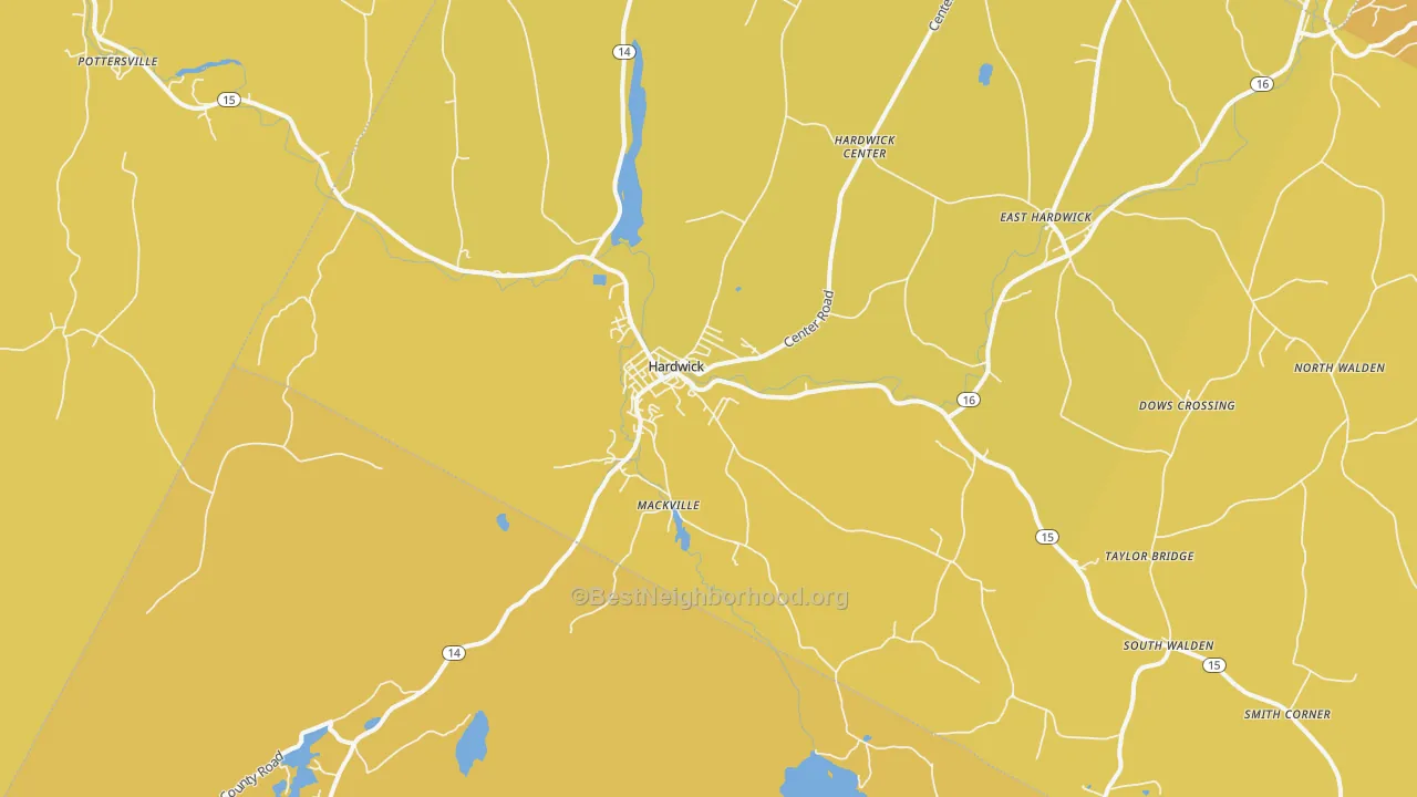 Map of the best neighborhoods in the Hardwick area, with better matches in green and worse matches in red