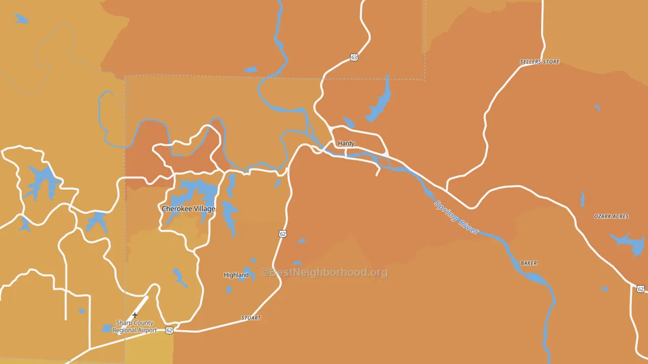 Map of the best neighborhoods in the Hardy area, with better matches in green and worse matches in red