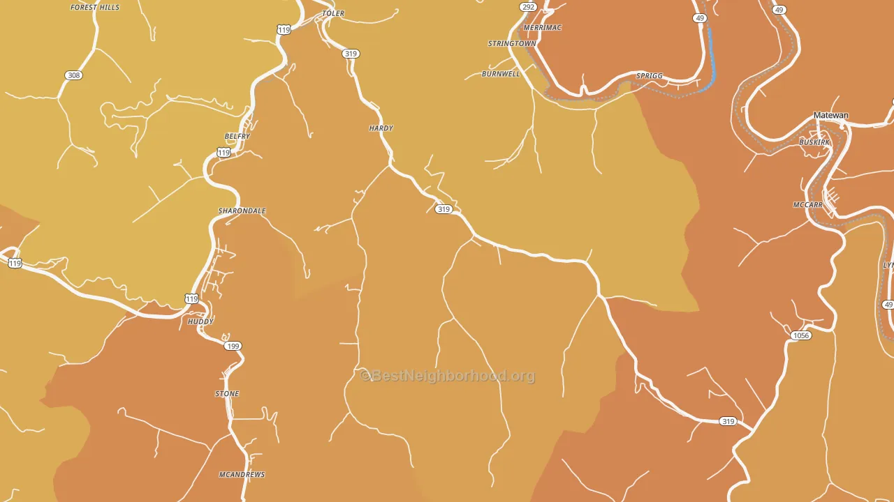 Map of the best neighborhoods in the Hardy area, with better matches in green and worse matches in red