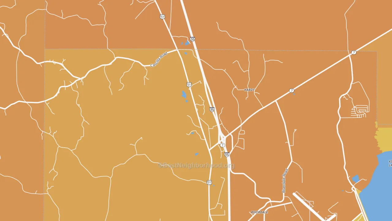 Map of the best neighborhoods in the Hardy area, with better matches in green and worse matches in red