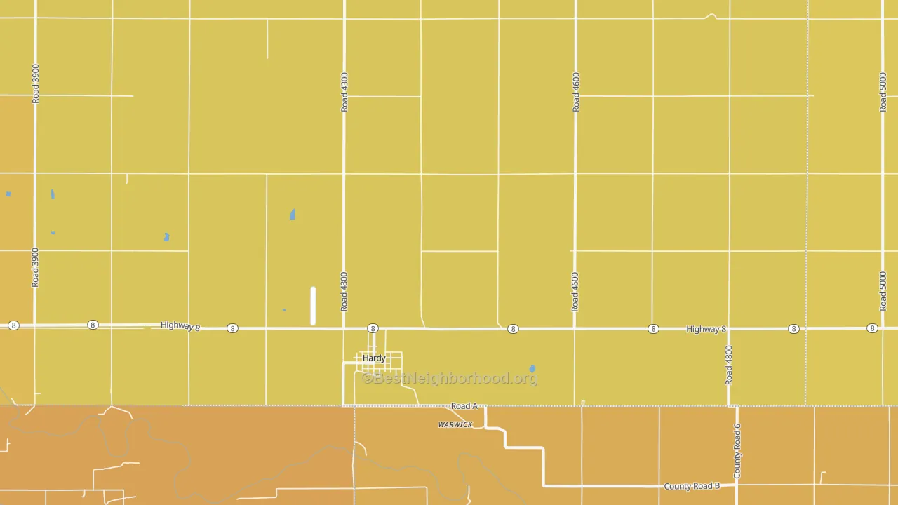 Map of the best neighborhoods in the Hardy area, with better matches in green and worse matches in red