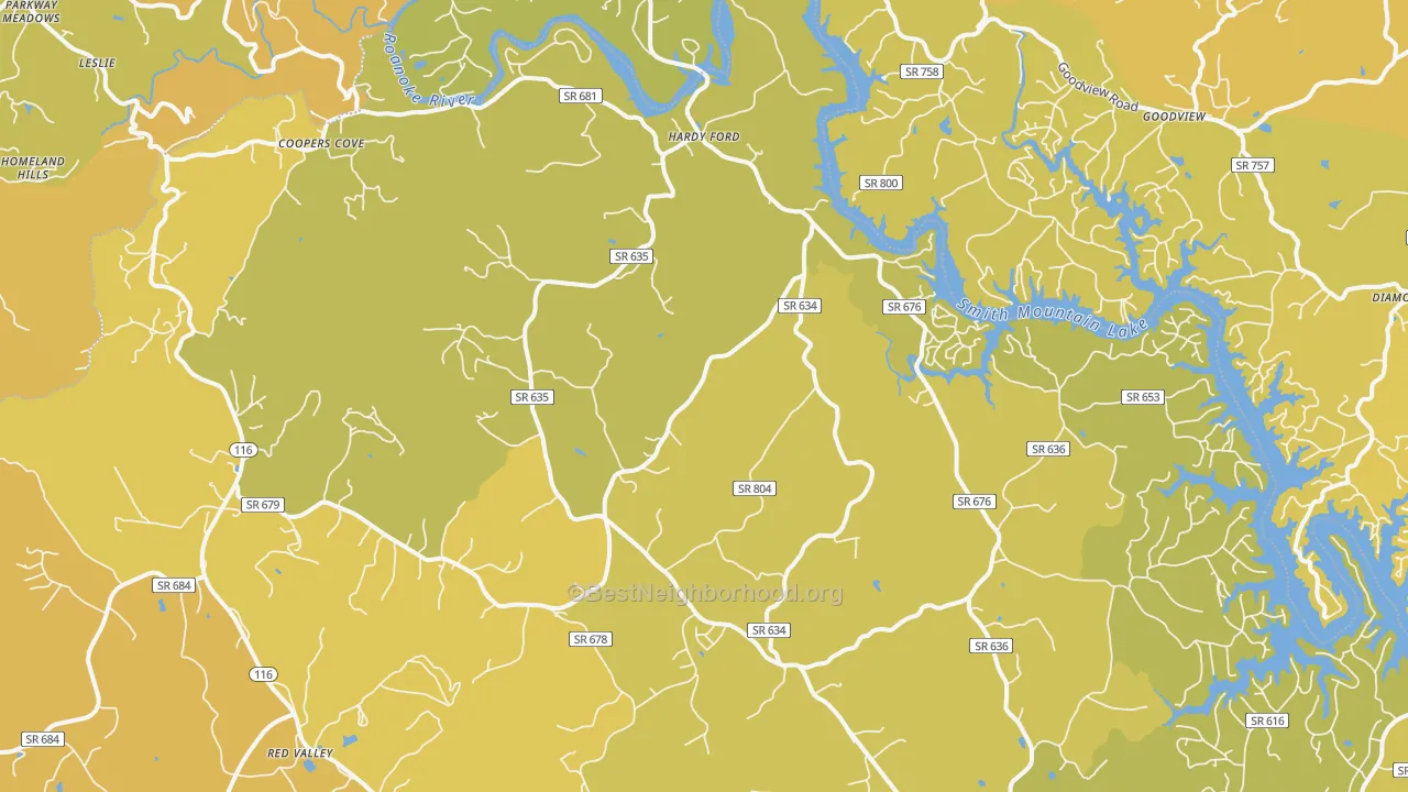 Map of the best neighborhoods in the Hardy area, with better matches in green and worse matches in red