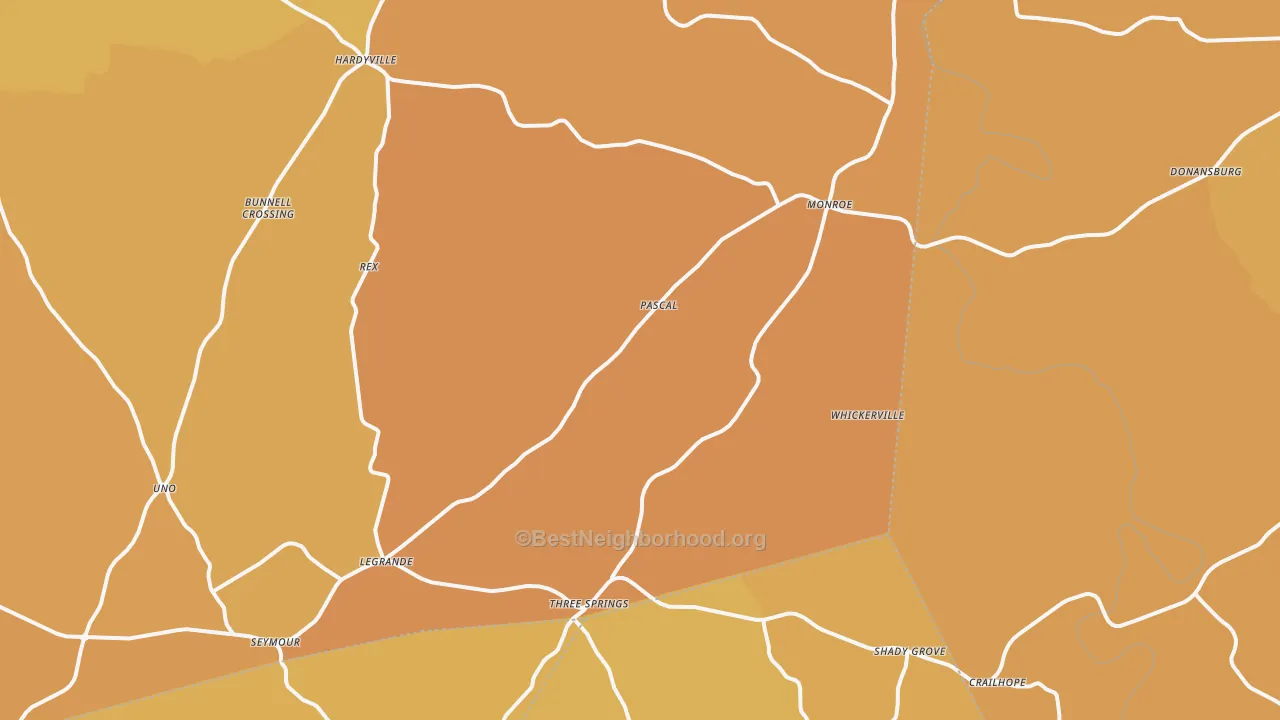 Map of the best neighborhoods in the Hardyville area, with better matches in green and worse matches in red