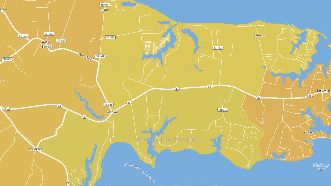 Map of the best neighborhoods in the Hardyville area, with better matches in green and worse matches in red