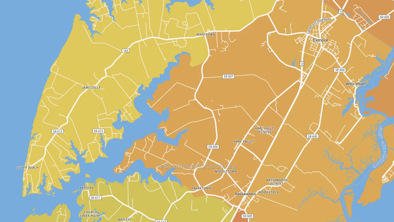 Map of the best neighborhoods in the Hare Valley area, with better matches in green and worse matches in red
