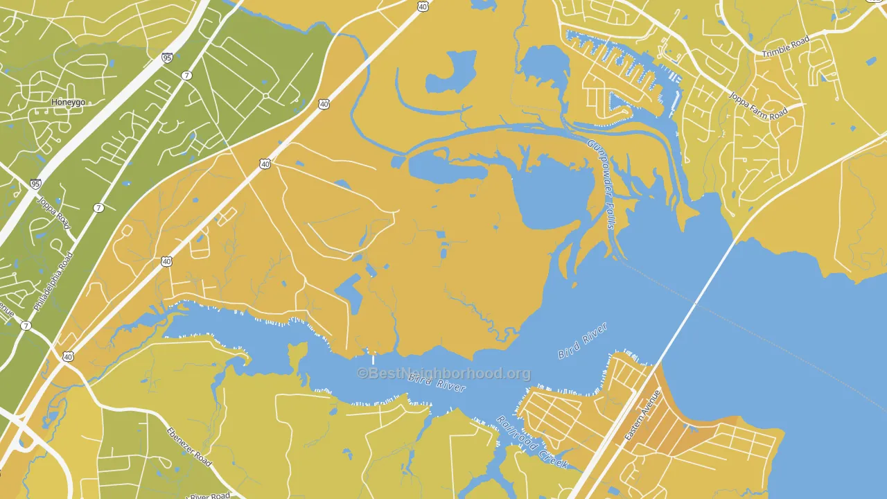 Map of the best neighborhoods in the Harewood Park area, with better matches in green and worse matches in red