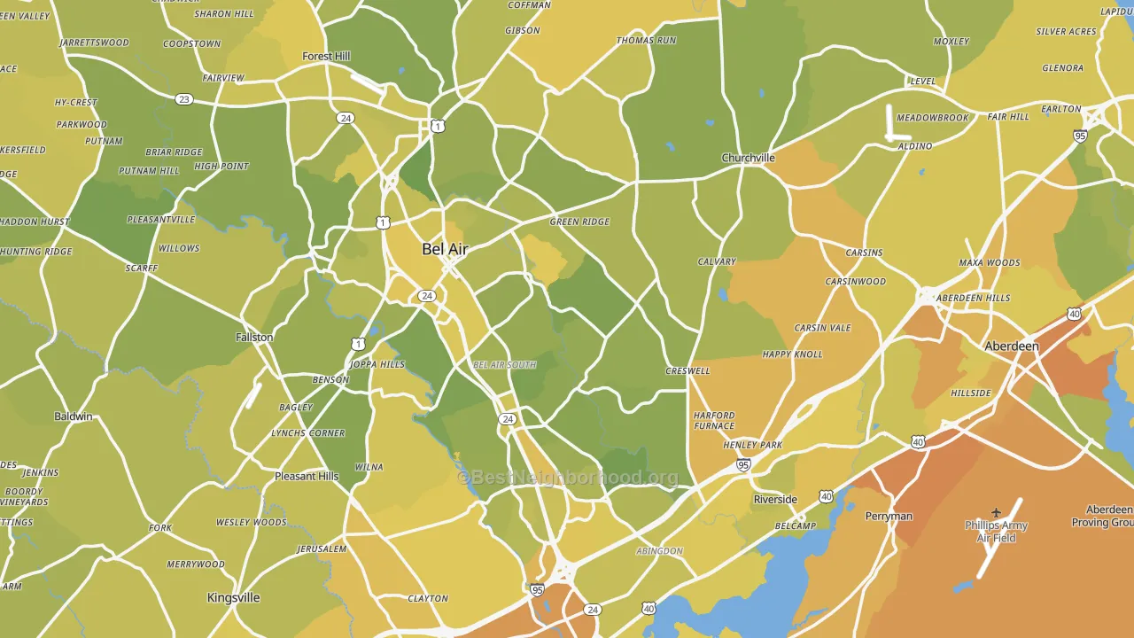 Map of the best neighborhoods in the Harford County area, with better matches in green and worse matches in red