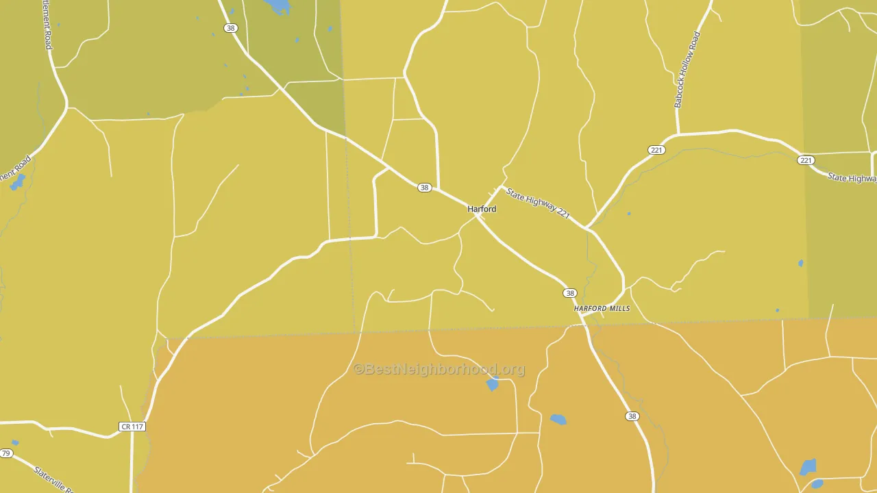 Map of the best neighborhoods in the Harford area, with better matches in green and worse matches in red