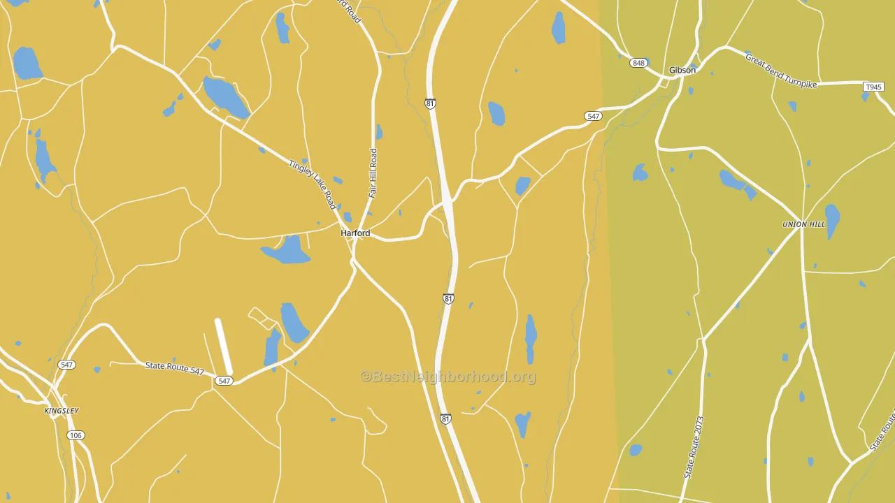 Map of the best neighborhoods in the Harford area, with better matches in green and worse matches in red