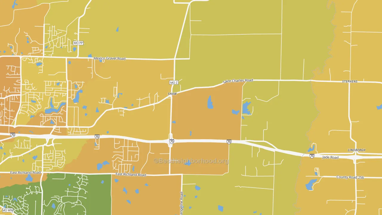 Map of the best neighborhoods in the Harg area, with better matches in green and worse matches in red