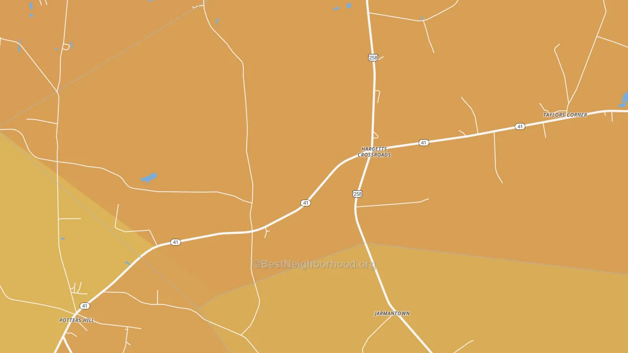 Map of the best neighborhoods in the Hargetts Crossroads area, with better matches in green and worse matches in red