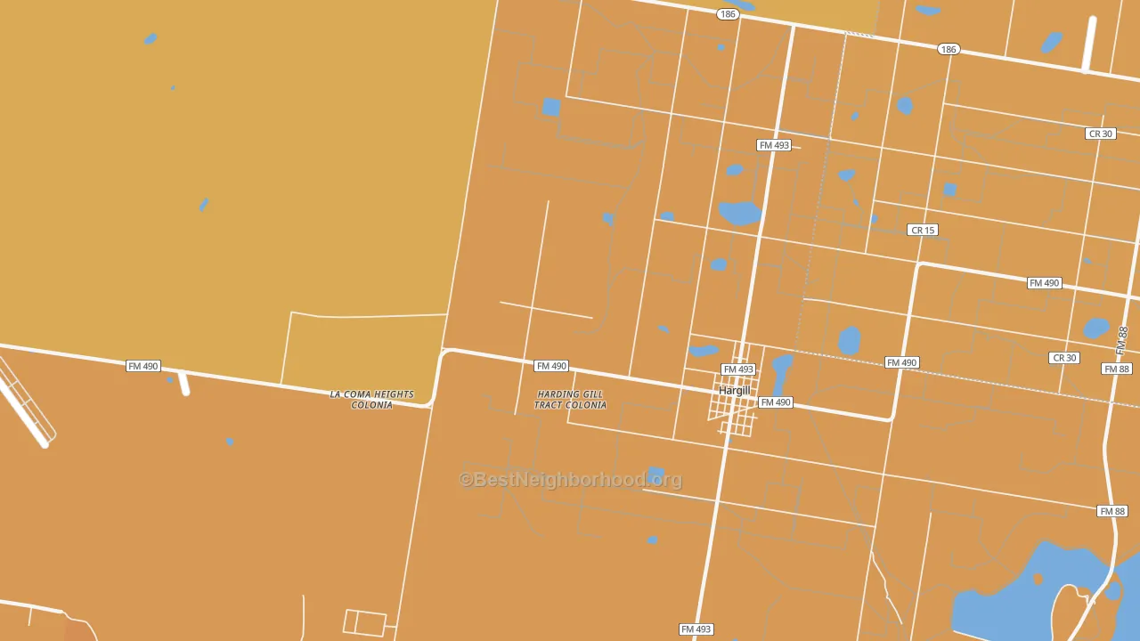 Map of the best neighborhoods in the Hargill area, with better matches in green and worse matches in red
