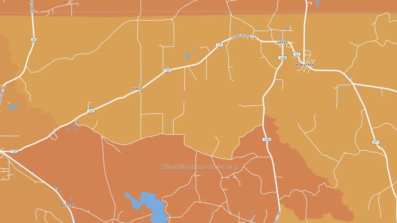 Map of the best neighborhoods in the Hargis area, with better matches in green and worse matches in red