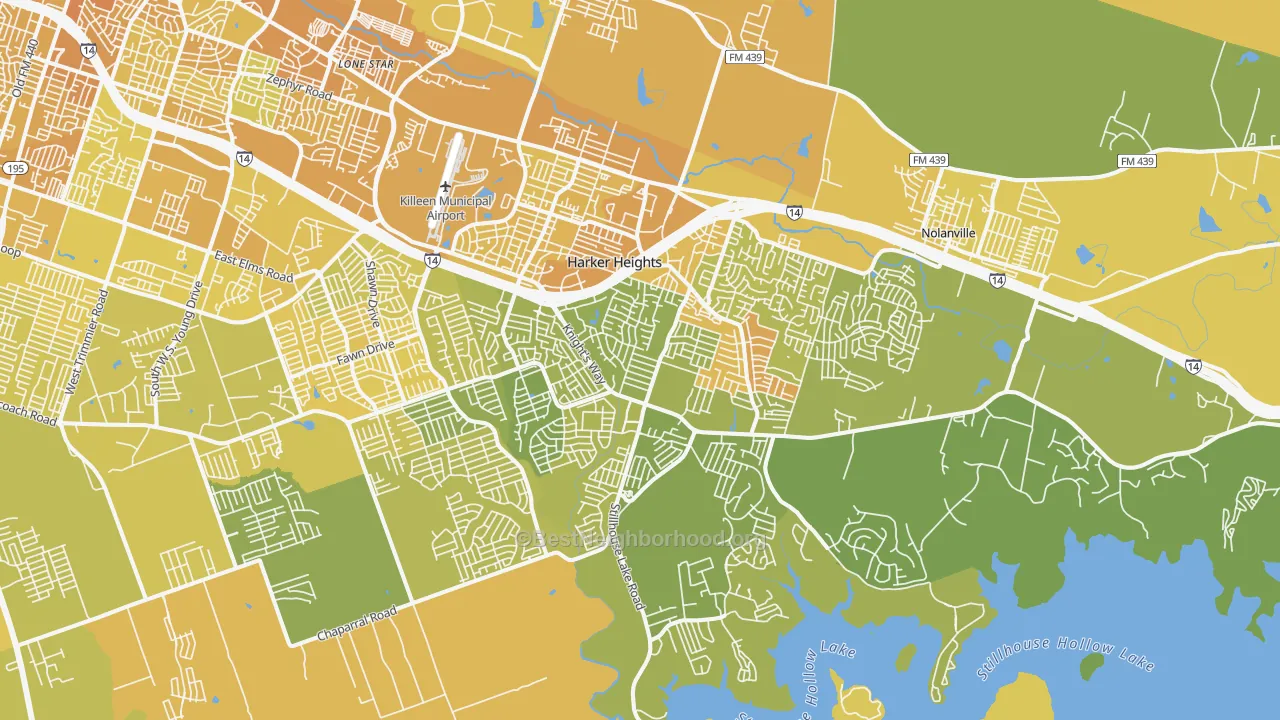 Map of the best neighborhoods in the Harker Heights area, with better matches in green and worse matches in red