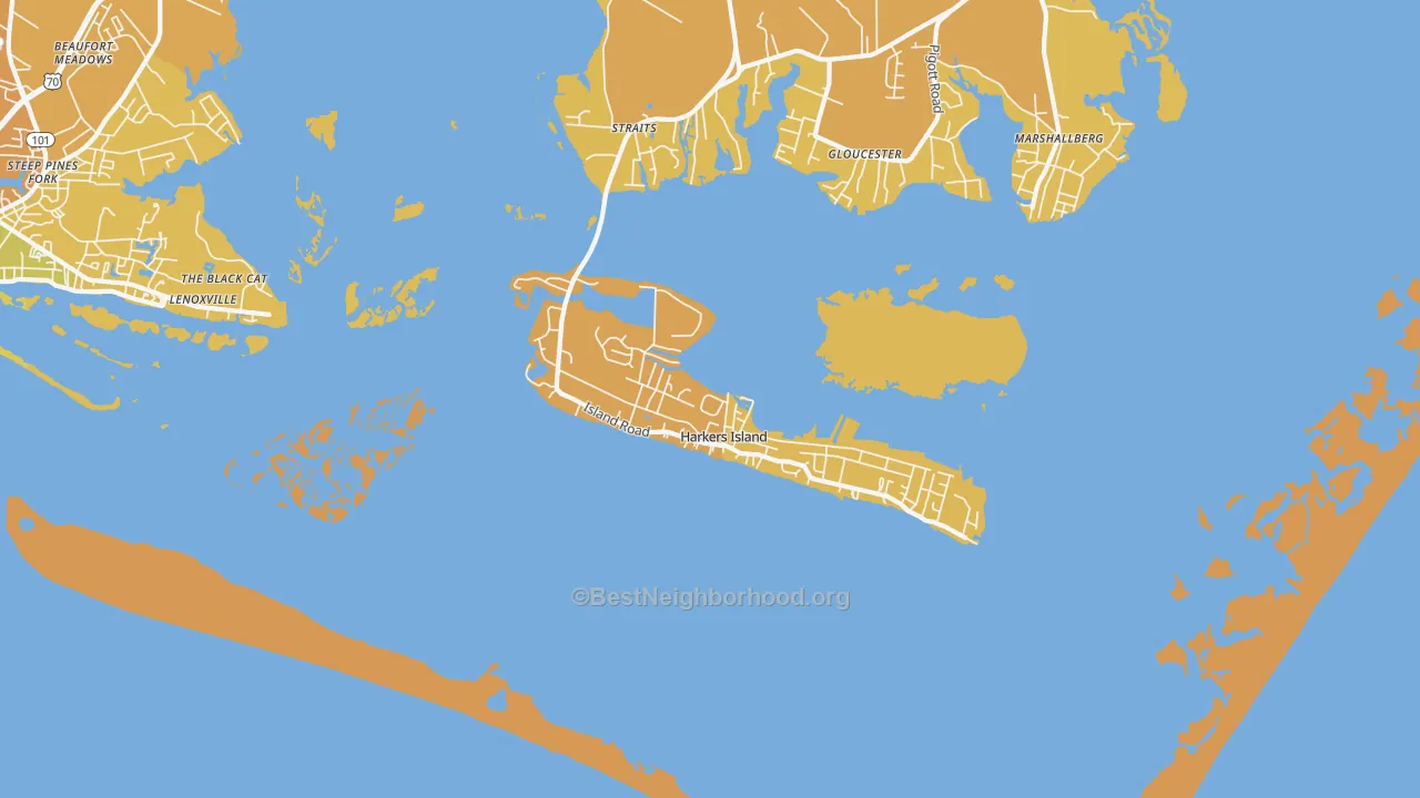Map of the best neighborhoods in the Harkers Island area, with better matches in green and worse matches in red