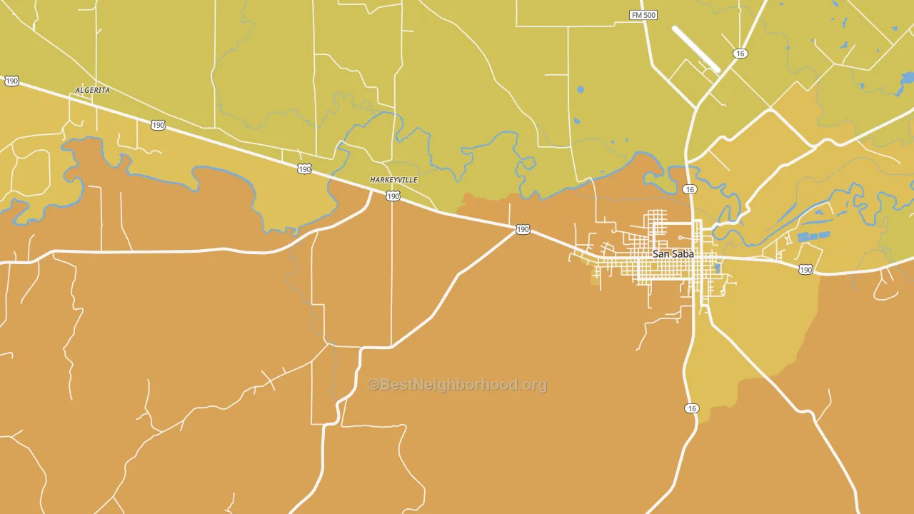 Map of the best neighborhoods in the Harkeyville area, with better matches in green and worse matches in red