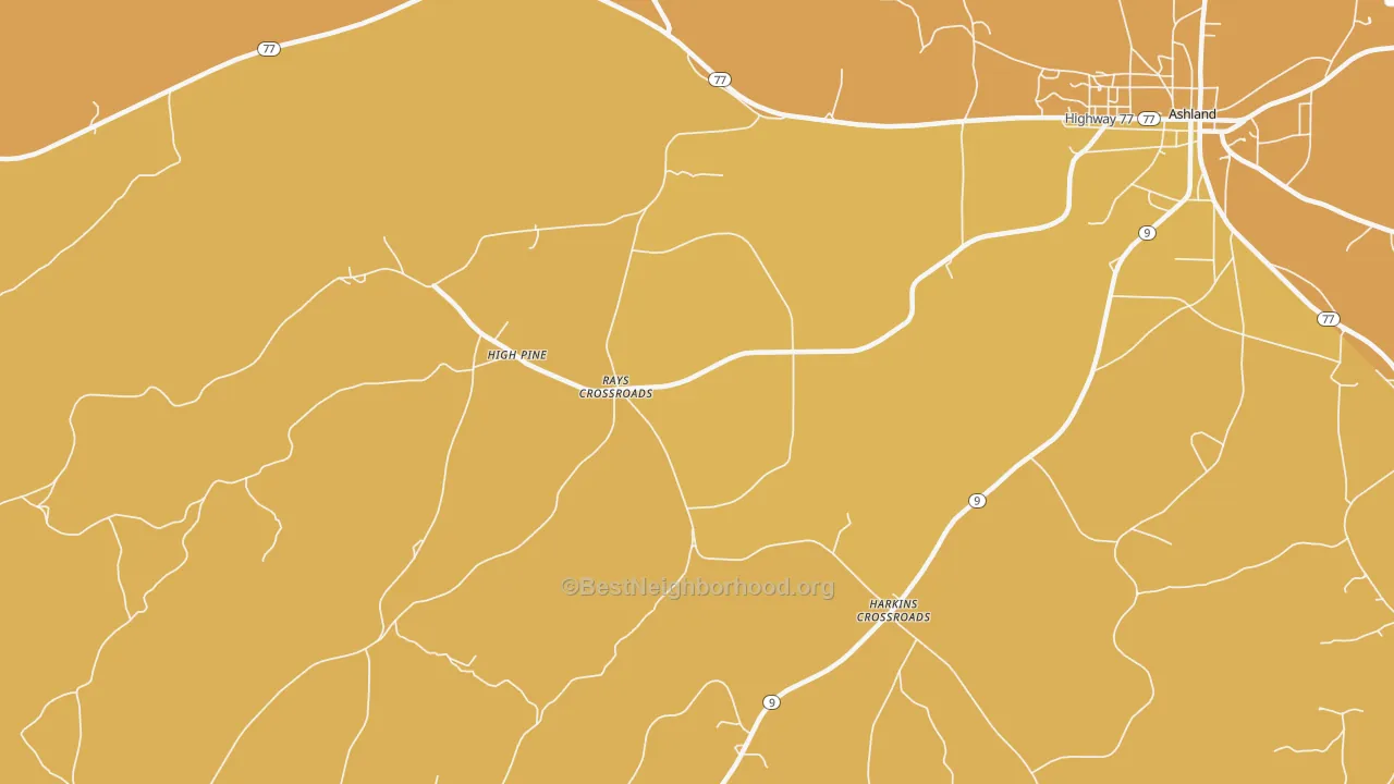Map of the best neighborhoods in the Harkins Crossroads area, with better matches in green and worse matches in red