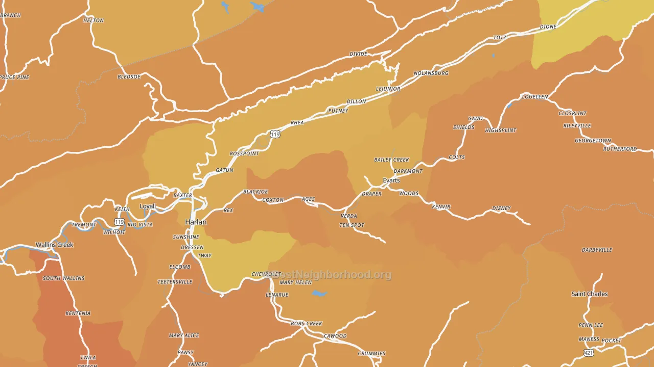 Map of the best neighborhoods in the Harlan County area, with better matches in green and worse matches in red