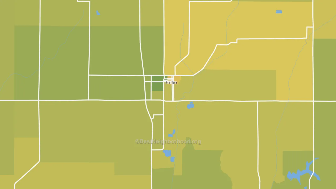 Map of the best neighborhoods in the Harlan area, with better matches in green and worse matches in red