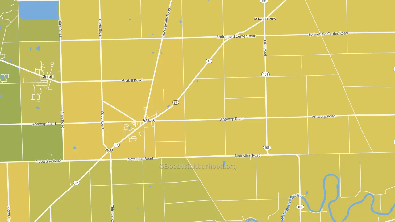 Map of the best neighborhoods in the Harlan area, with better matches in green and worse matches in red