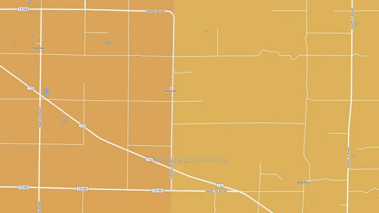 Map of the best neighborhoods in the Harlan area, with better matches in green and worse matches in red