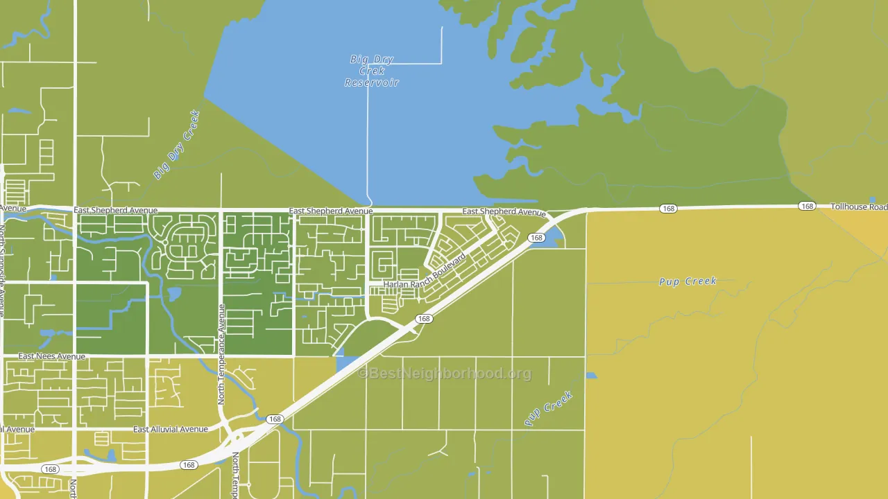Map of the best neighborhoods in the Harlan Ranch, Clovis area, with better matches in green and worse matches in red