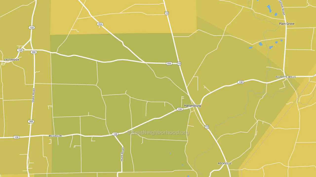 Map of the best neighborhoods in the Harlansburg area, with better matches in green and worse matches in red