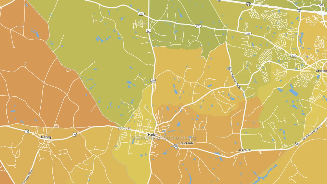 Map of the best neighborhoods in the Harlem area, with better matches in green and worse matches in red