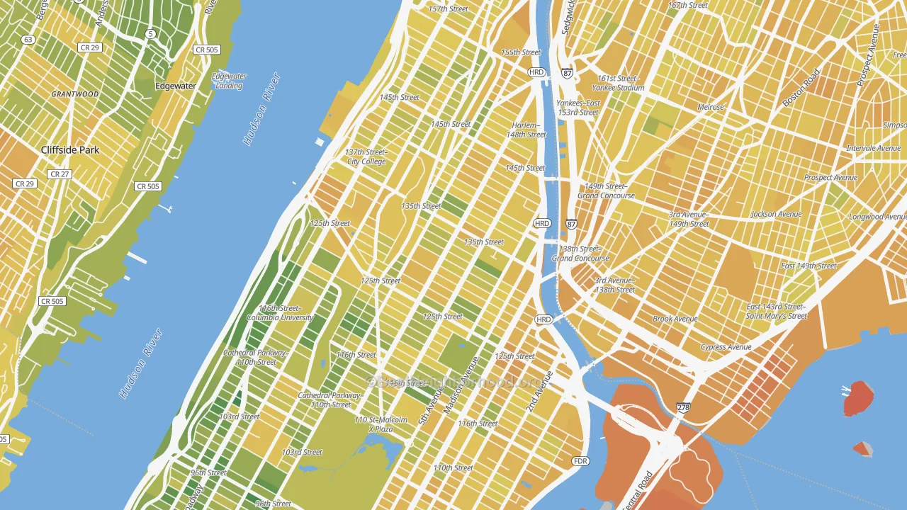 Map of the best neighborhoods in the Harlem, Manhattan area, with better matches in green and worse matches in red