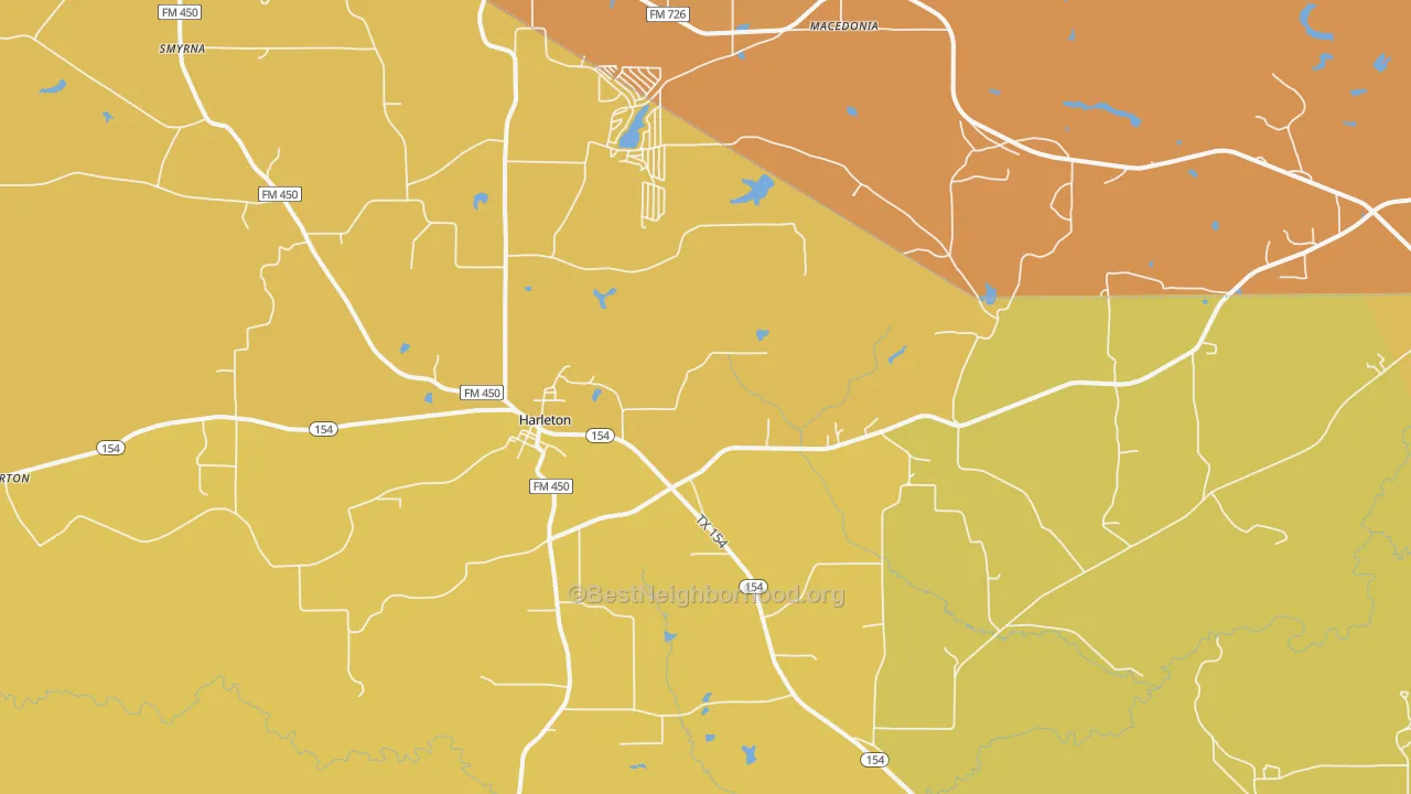 Map of the best neighborhoods in the Harleton area, with better matches in green and worse matches in red