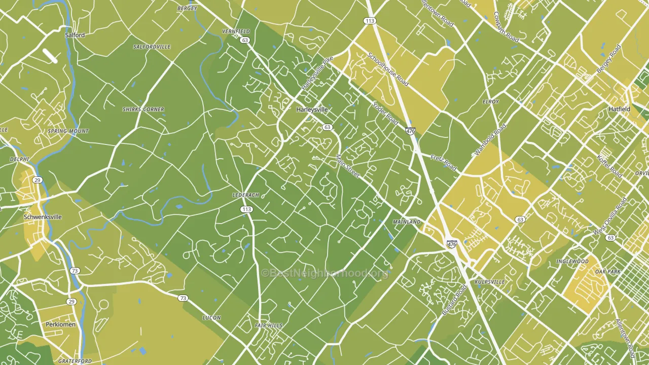 Map of the best neighborhoods in the Harleysville area, with better matches in green and worse matches in red