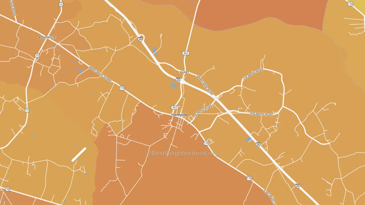 Map of the best neighborhoods in the Harleyville area, with better matches in green and worse matches in red