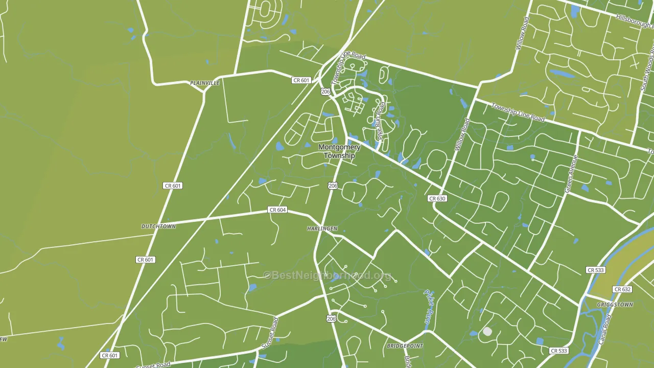 Map of the best neighborhoods in the Harlingen area, with better matches in green and worse matches in red