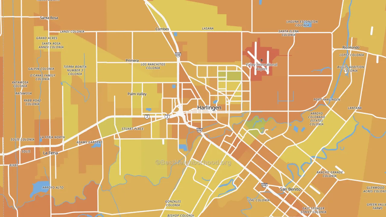 Map of the best neighborhoods in the Harlingen area, with better matches in green and worse matches in red