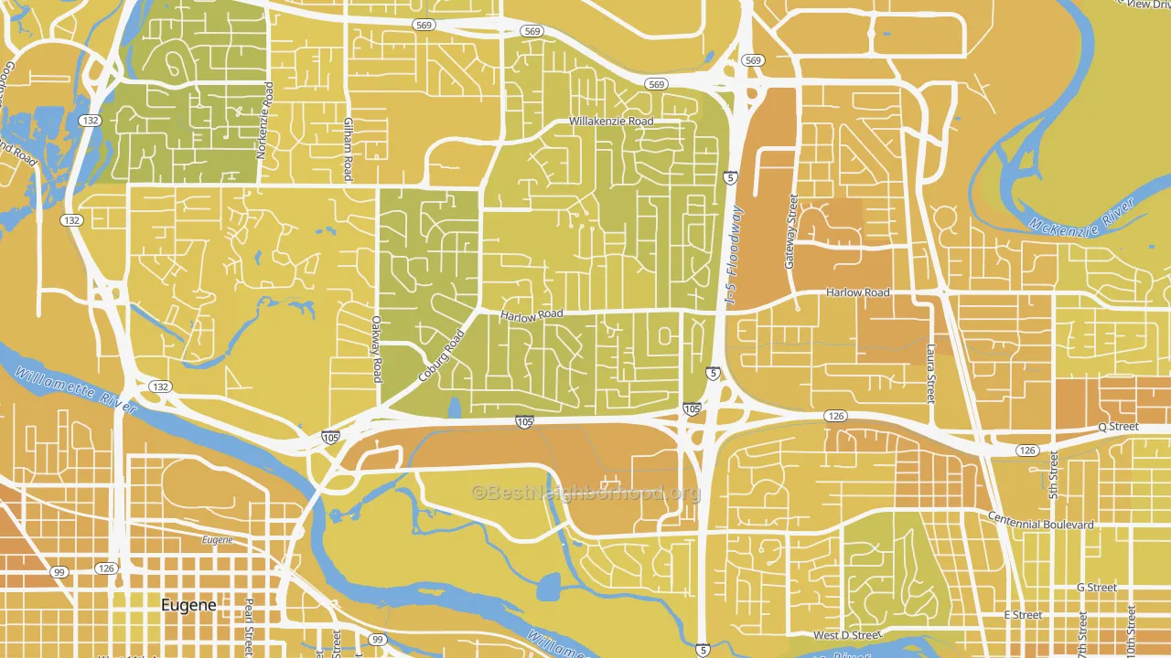 Map of the best neighborhoods in the Harlow, Eugene area, with better matches in green and worse matches in red