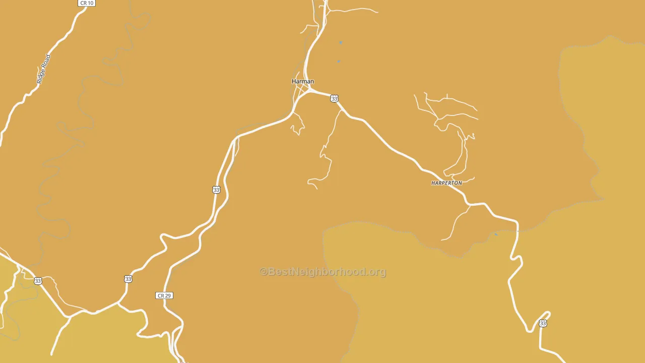 Map of the best neighborhoods in the Harman area, with better matches in green and worse matches in red